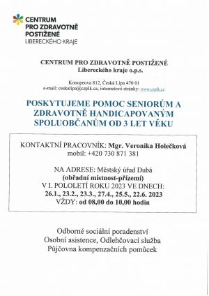 termíny, kdy bude na MěÚ Dubá k dispozici kontaktní pracovnice Centra pro zdravotně postižené Libereckého kraje o.p.s.